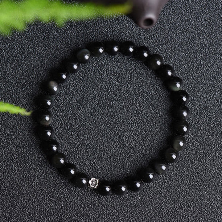 Buddha Stones Black Obsidian Bead 925 Sterling Silver Flower Design Purification Bracelet - image 2