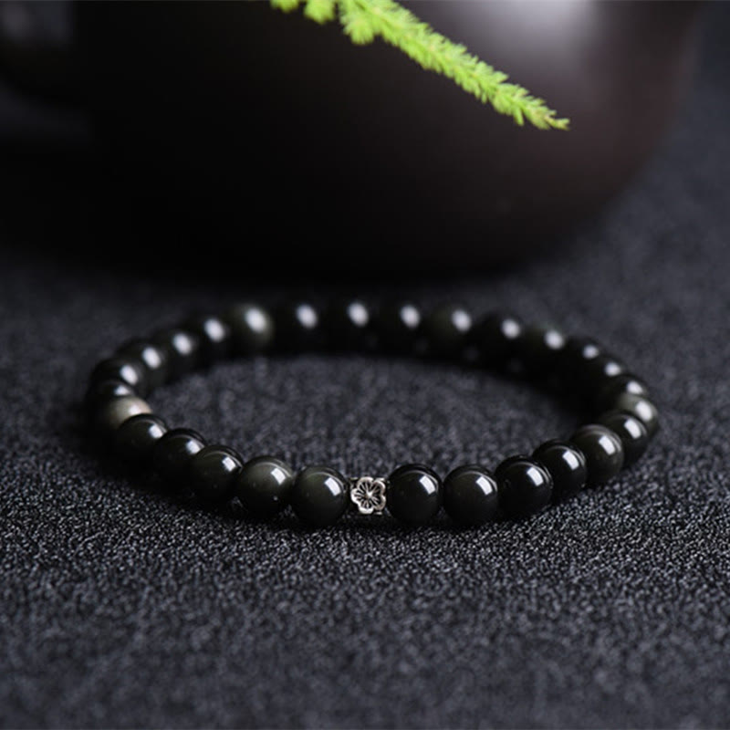 Buddha Stones Black Obsidian Bead 925 Sterling Silver Flower Design Purification Bracelet - Black Obsidian(Wrist Circumference: 14-16.5cm) - image 0
