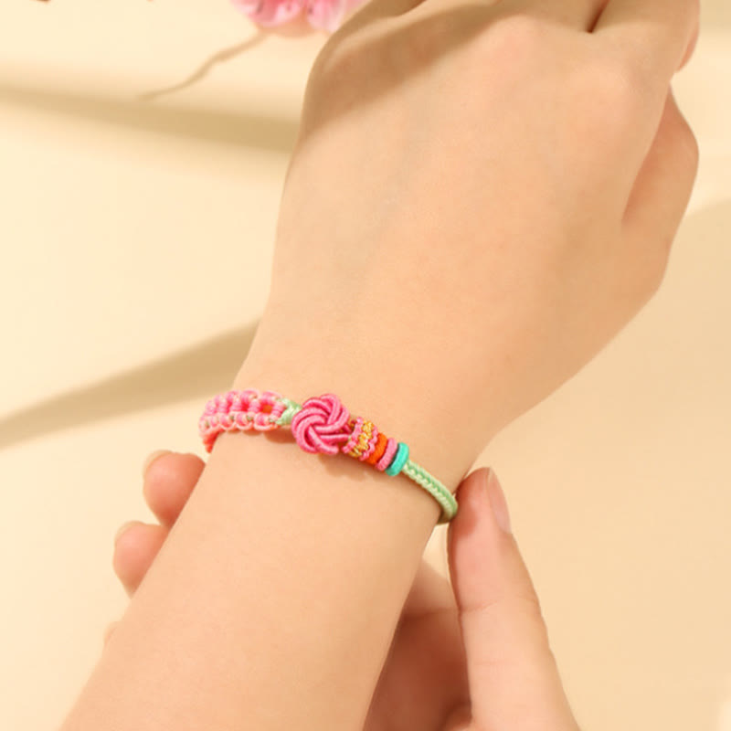 Buddha Stones Handmade Pink Green Peach Blossom Knot Braided Bracelet - image 6