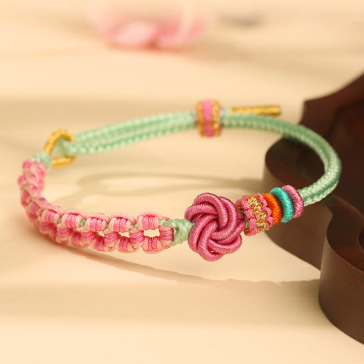 Buddha Stones Handmade Pink Green Peach Blossom Knot Braided Bracelet - image 2
