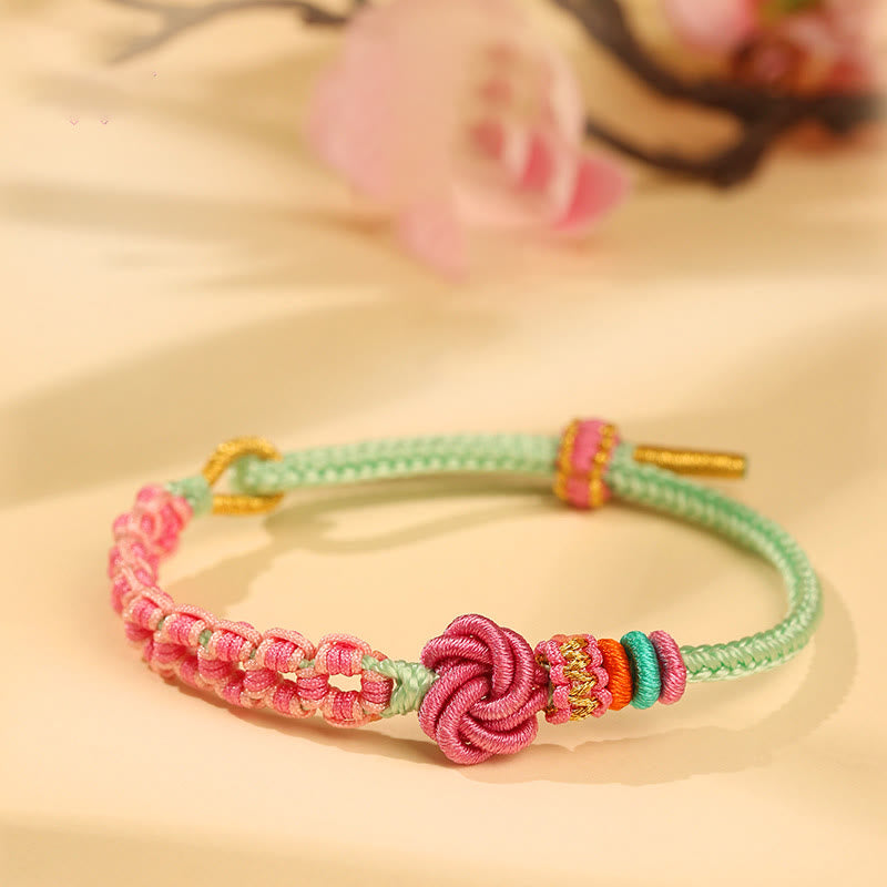 Buddha Stones Handmade Pink Green Peach Blossom Knot Braided Bracelet - Peach Blossom(Wrist Circumference: 14cm-17cm) - image 0