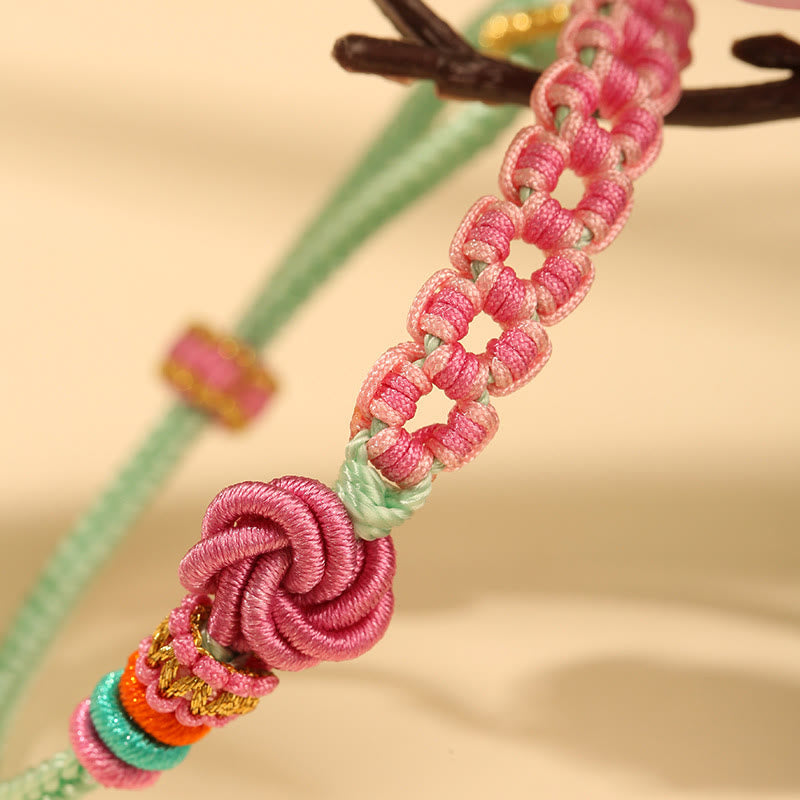 Buddha Stones Handmade Pink Green Peach Blossom Knot Braided Bracelet - image 7