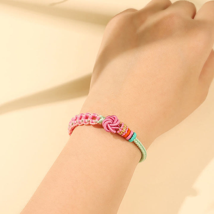 Buddha Stones Handmade Pink Green Peach Blossom Knot Braided Bracelet - image 4