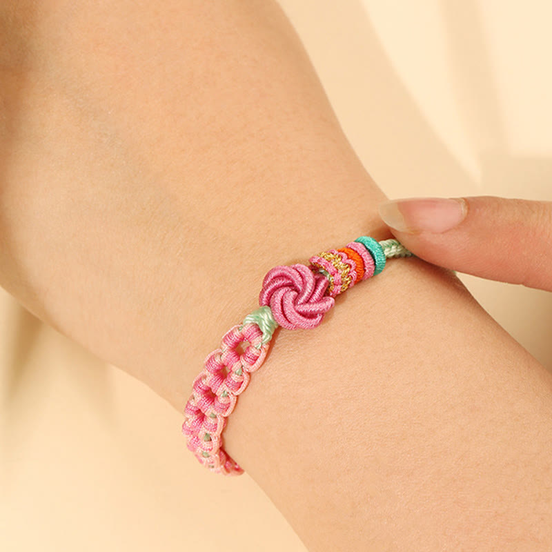 Buddha Stones Handmade Pink Green Peach Blossom Knot Braided Bracelet - image 5