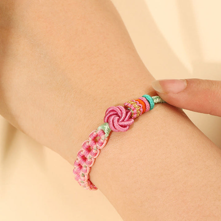 Buddha Stones Handmade Pink Green Peach Blossom Knot Braided Bracelet - image 5