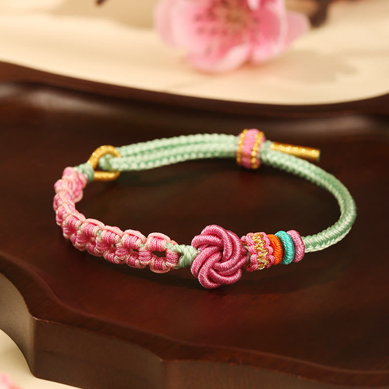 Buddha Stones Handmade Pink Green Peach Blossom Knot Braided Bracelet - image 3
