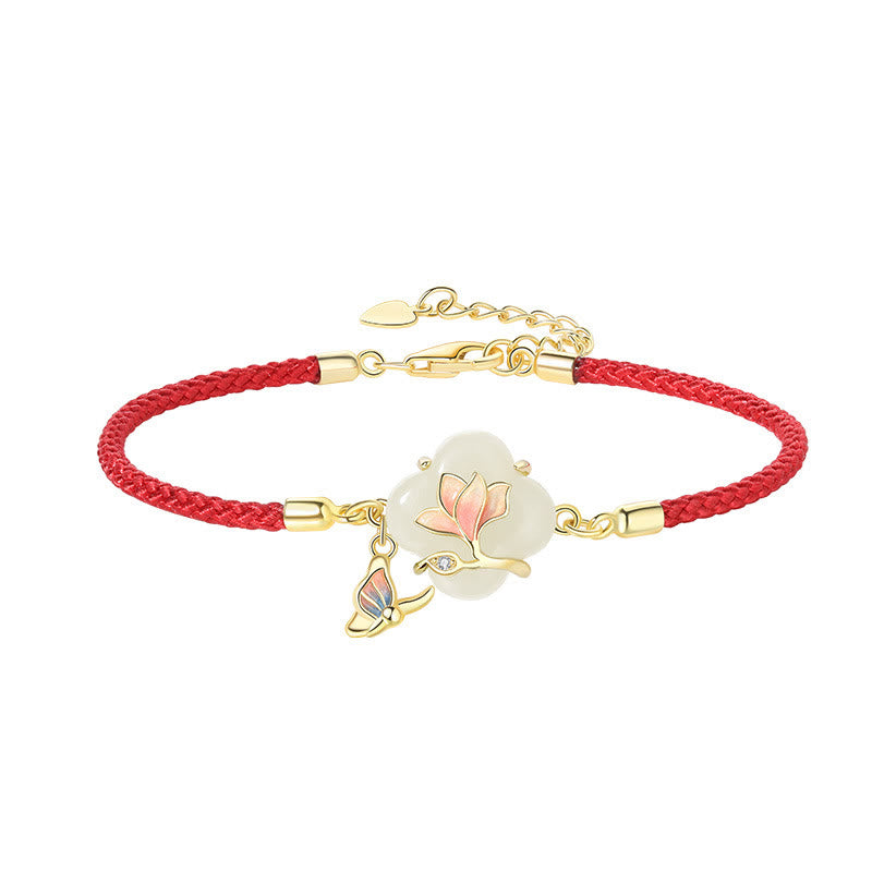 Buddha Stones 925 Sterling Silver Hetian Jade Magnolia Flower Butterfly Luck Chain Bracelet - image 8
