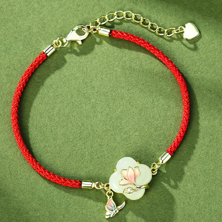 Buddha Stones 925 Sterling Silver Hetian Jade Magnolia Flower Butterfly Luck Chain Bracelet - image 1