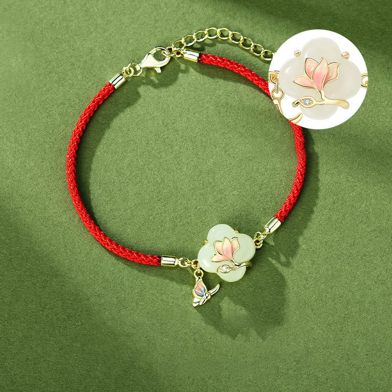 Buddha Stones 925 Sterling Silver Hetian Jade Magnolia Flower Butterfly Luck Chain Bracelet - image 4