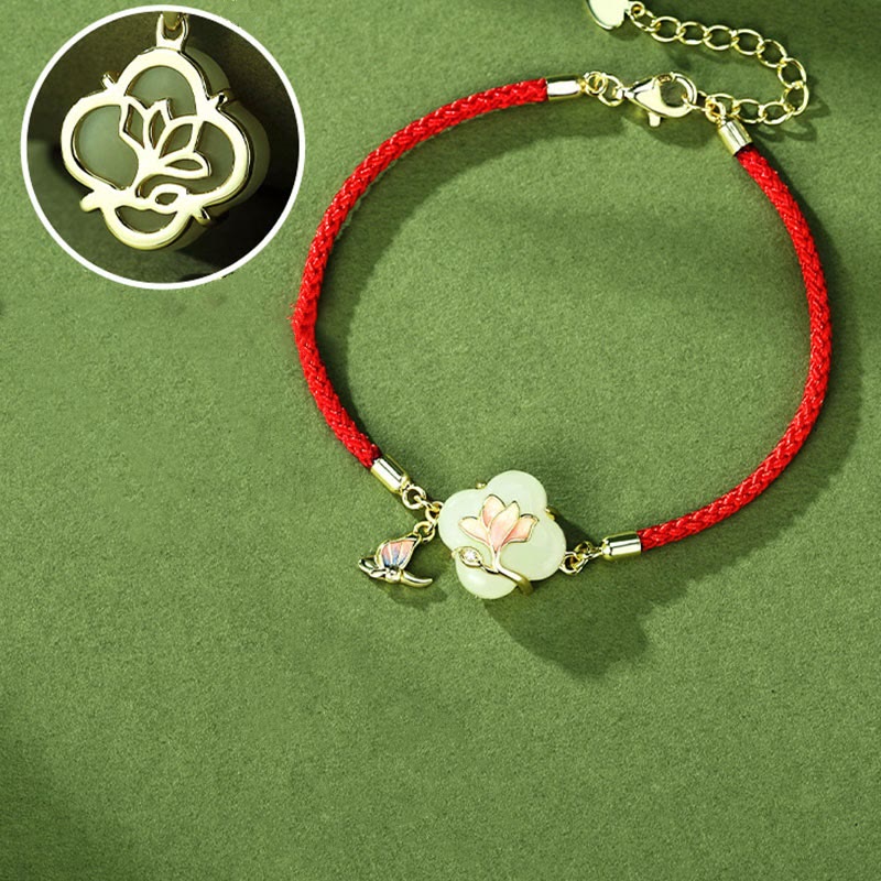Buddha Stones 925 Sterling Silver Hetian Jade Magnolia Flower Butterfly Luck Chain Bracelet - image 2