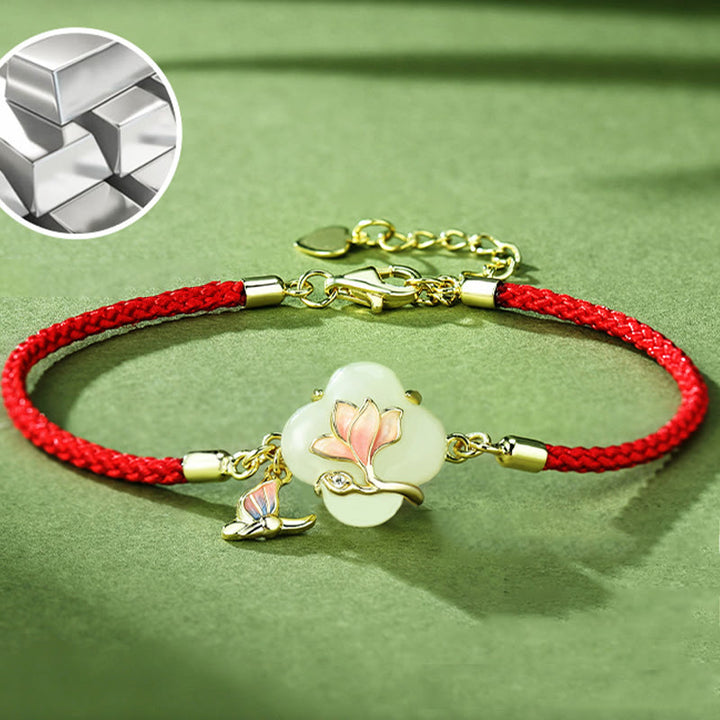 Buddha Stones 925 Sterling Silver Hetian Jade Magnolia Flower Butterfly Luck Chain Bracelet - image 3