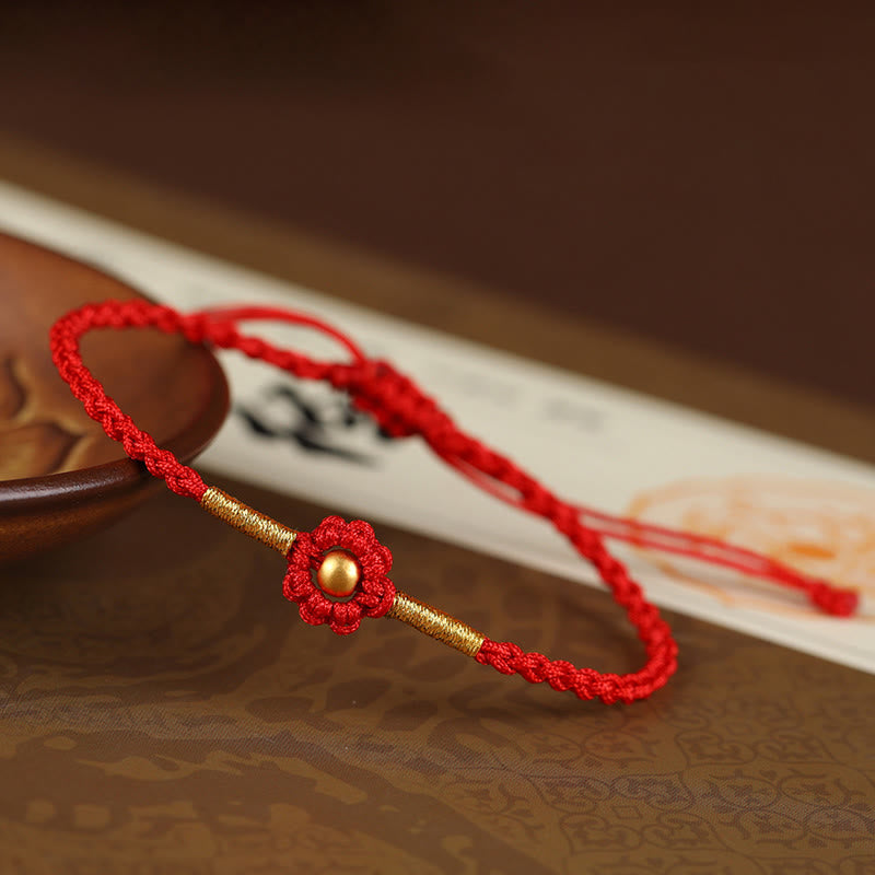 Buddha Stones 999 Gold Mini Bead Handmade Flower Design Luck Protection Rope Bracelet - 4mm Bead Red(Wrist Circumference 14-18cm) - image 3