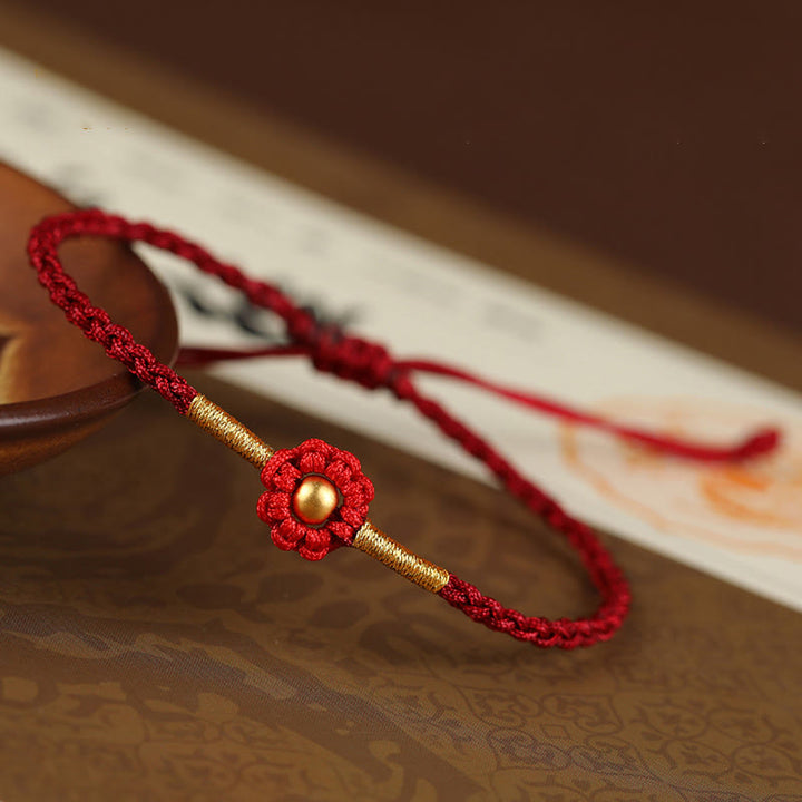 Buddha Stones 999 Gold Mini Bead Handmade Flower Design Luck Protection Rope Bracelet - 4mm Bead Dark Red(Wrist Circumference 14-18cm) - image 16
