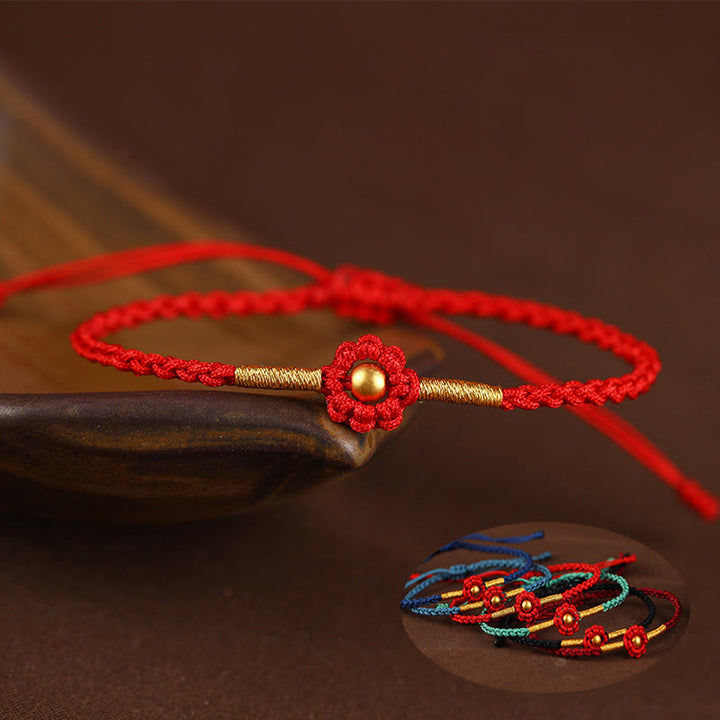 Buddha Stones 999 Gold Mini Bead Handmade Flower Design Luck Protection Rope Bracelet - image 0