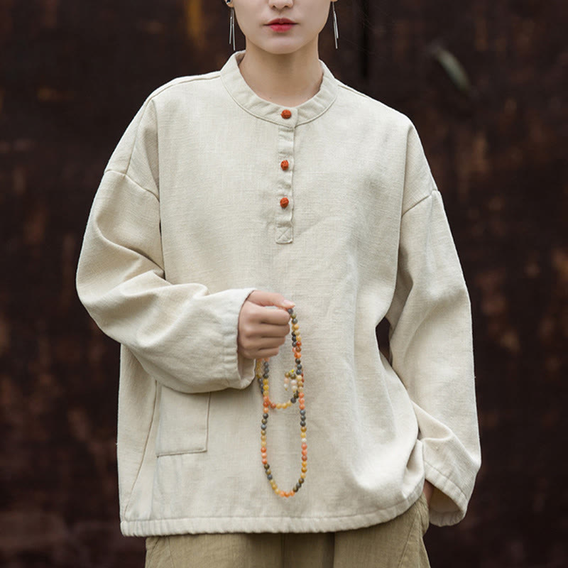 Buddha Stones Retro Solid Color Thermal Long Sleeve Ramie Linen Women's Shirt - LemonChiffon - US4-8/10，UK/AU8-12/14，EU36-40/42 (F) - image 0