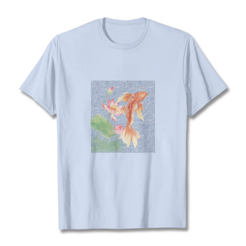 Buddha Stones Koi Fish Lotus Combination Cotton Tee T-shirt - LightCyan - 2XL - image 0