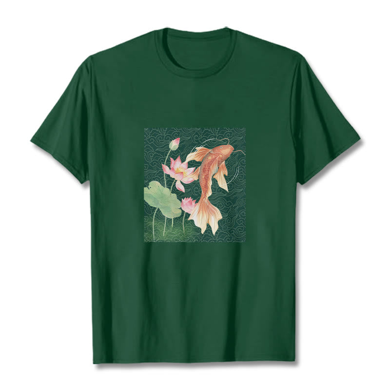 Buddha Stones Koi Fish Lotus Combination Cotton Tee T-shirt - ForestGreen - 2XL - image 9