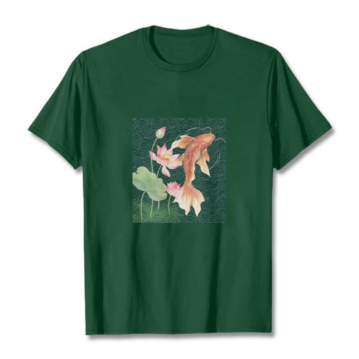 Buddha Stones Koi Fish Lotus Combination Cotton Tee T-shirt - ForestGreen - 2XL - image 9