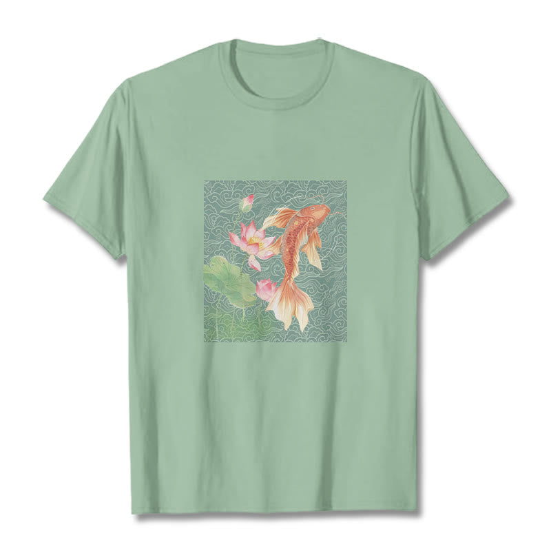 Buddha Stones Koi Fish Lotus Combination Cotton Tee T-shirt - PaleGreen - 2XL - image 14