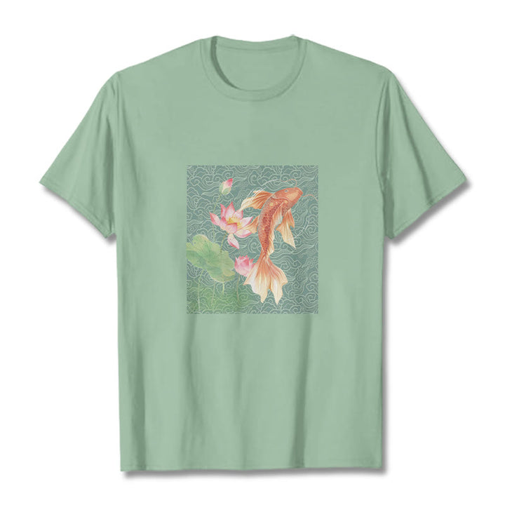 Buddha Stones Koi Fish Lotus Combination Cotton Tee T-shirt - PaleGreen - 2XL - image 14