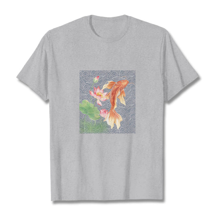Buddha Stones Koi Fish Lotus Combination Cotton Tee T-shirt - LightGrey - 2XL - image 11