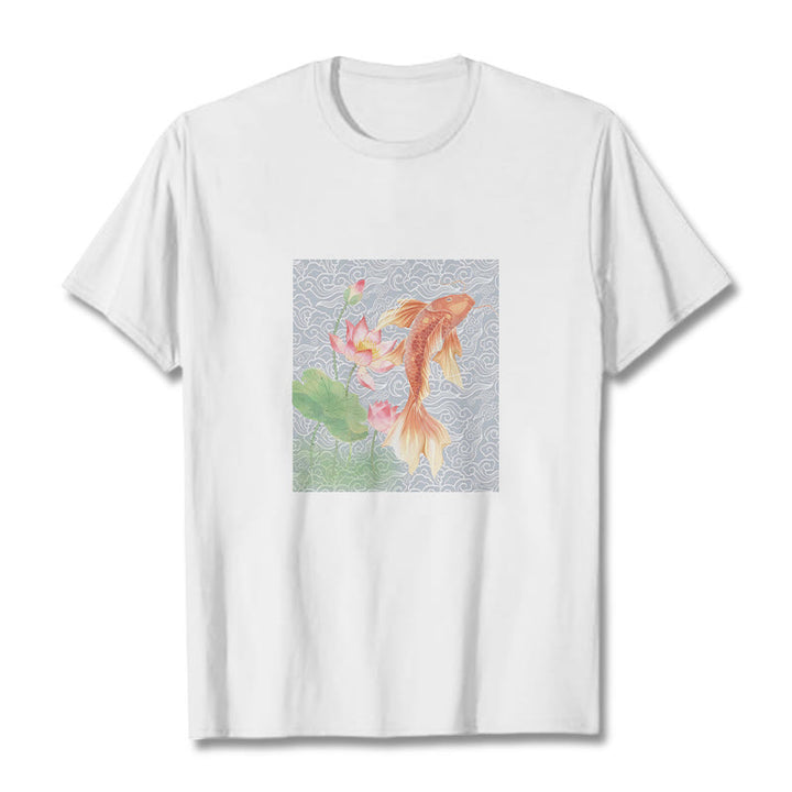 Buddha Stones Koi Fish Lotus Combination Cotton Tee T-shirt - White - 2XL - image 2