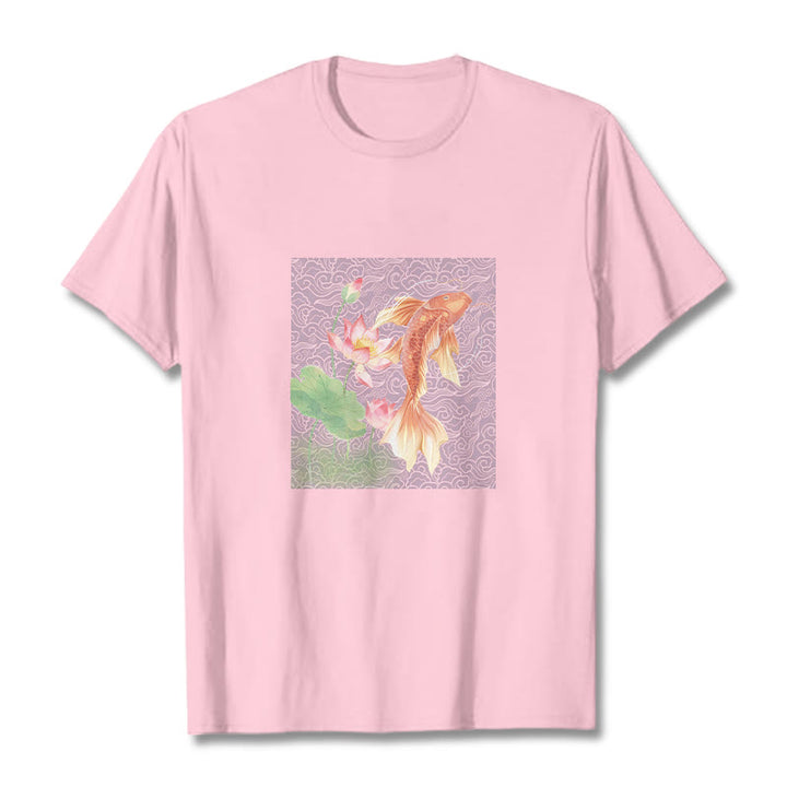 Buddha Stones Koi Fish Lotus Combination Cotton Tee T-shirt - LightPink - 2XL - image 18