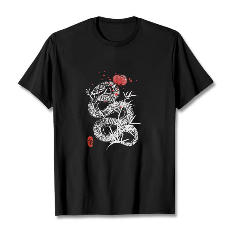 Buddha Stones Lantern Bamboo Leaves Snake Design Cotton Tee T-shirt - Black - 2XL - image 0