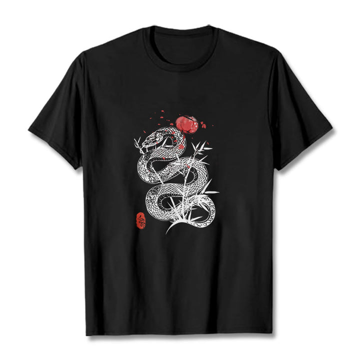 Buddha Stones Lantern Bamboo Leaves Snake Design Cotton Tee T-shirt - Black - 2XL - image 0