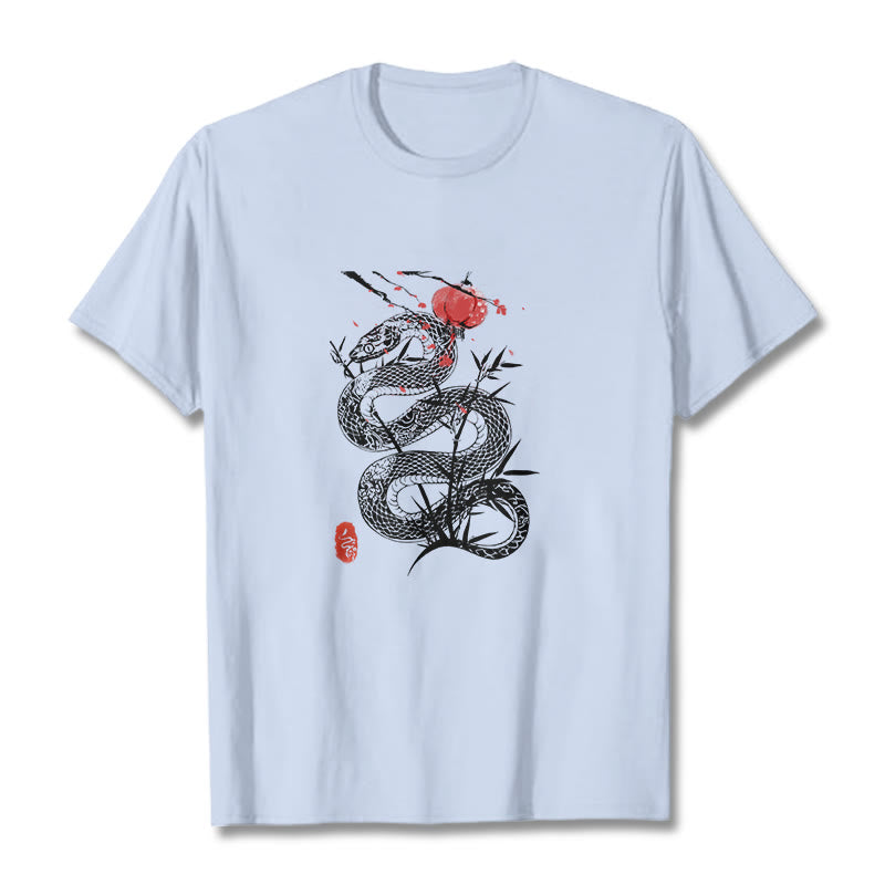 Buddha Stones Lantern Bamboo Leaves Snake Design Cotton Tee T-shirt - LightCyan - 2XL - image 5