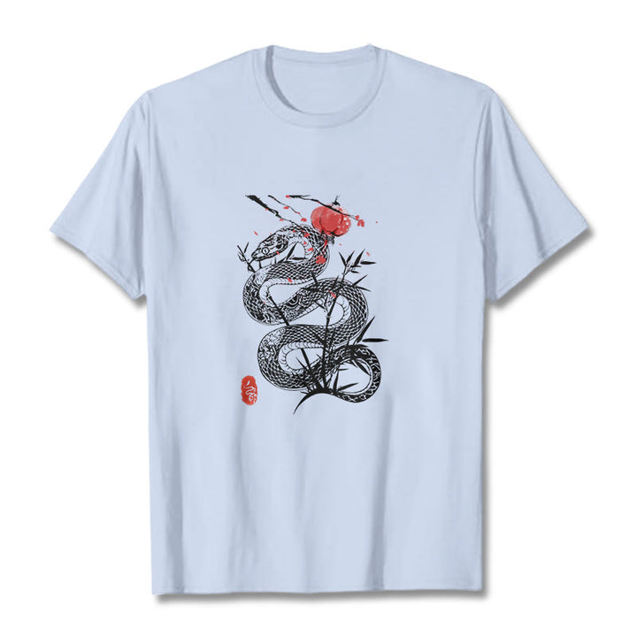 Buddha Stones Lantern Bamboo Leaves Snake Design Cotton Tee T-shirt - LightCyan - 2XL - image 5