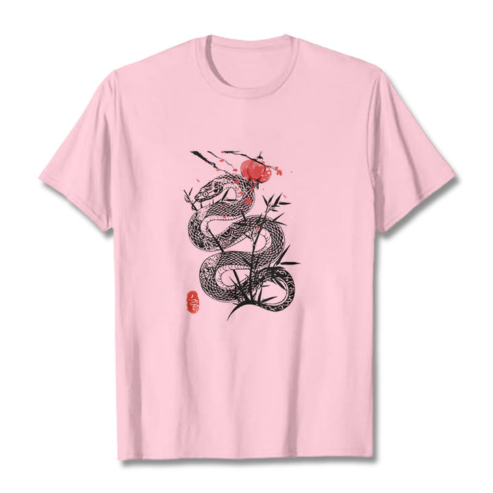 Buddha Stones Lantern Bamboo Leaves Snake Design Cotton Tee T-shirt - LightPink - 2XL - image 18