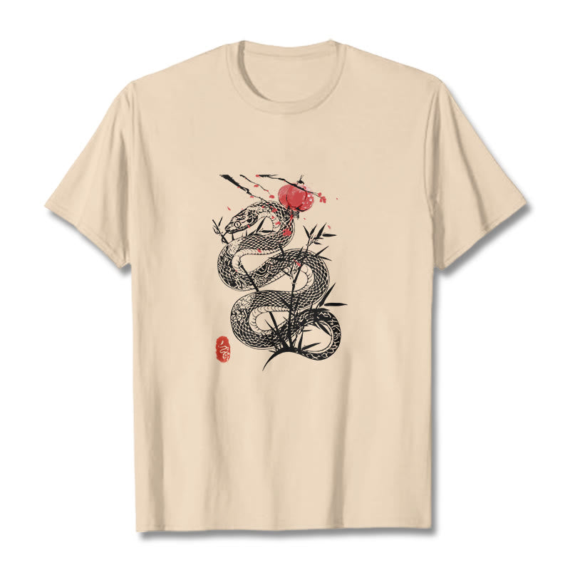 Buddha Stones Lantern Bamboo Leaves Snake Design Cotton Tee T-shirt - Bisque - 2XL - image 12