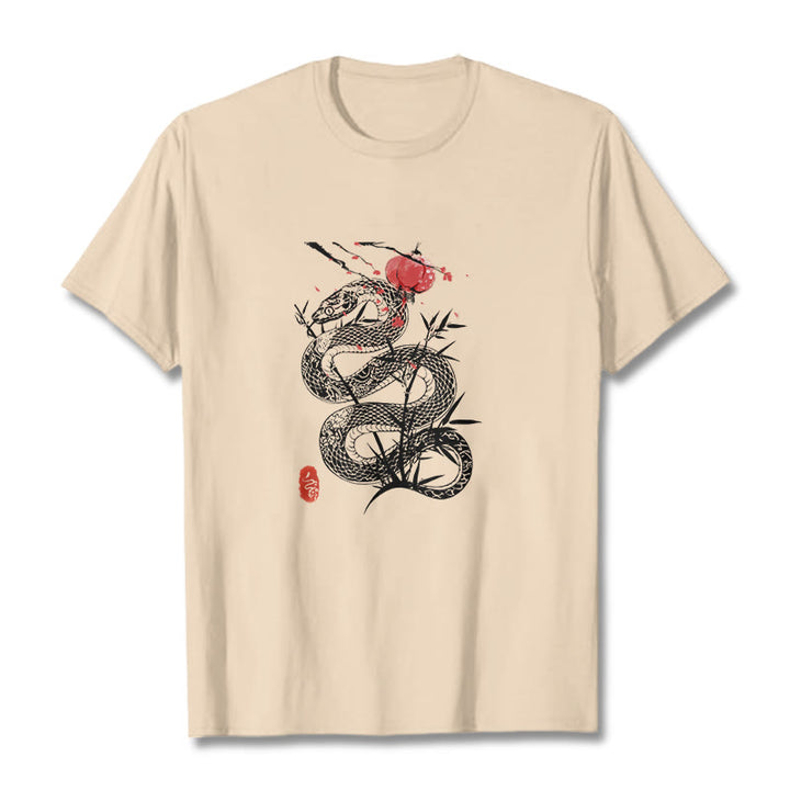 Buddha Stones Lantern Bamboo Leaves Snake Design Cotton Tee T-shirt - Bisque - 2XL - image 12