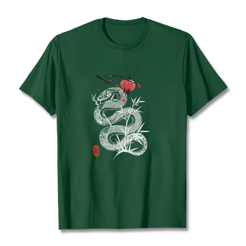 Buddha Stones Lantern Bamboo Leaves Snake Design Cotton Tee T-shirt - ForestGreen - 2XL - image 9
