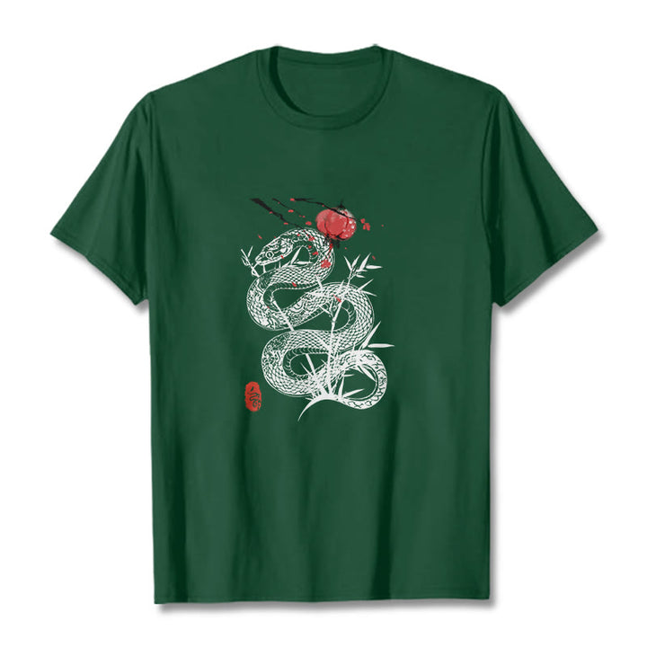 Buddha Stones Lantern Bamboo Leaves Snake Design Cotton Tee T-shirt - ForestGreen - 2XL - image 9