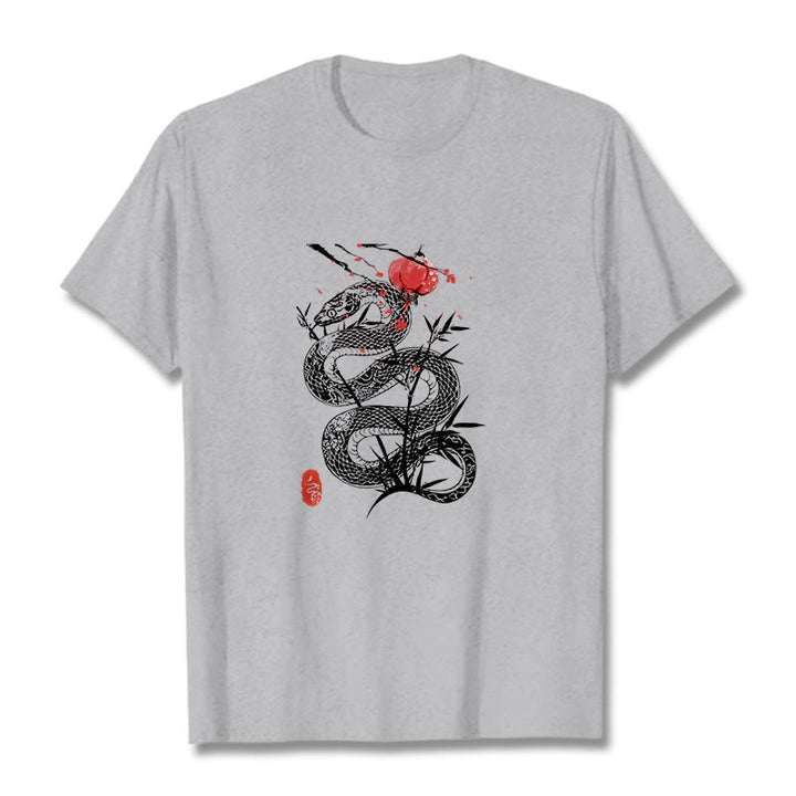 Buddha Stones Lantern Bamboo Leaves Snake Design Cotton Tee T-shirt - LightGrey - 2XL - image 11