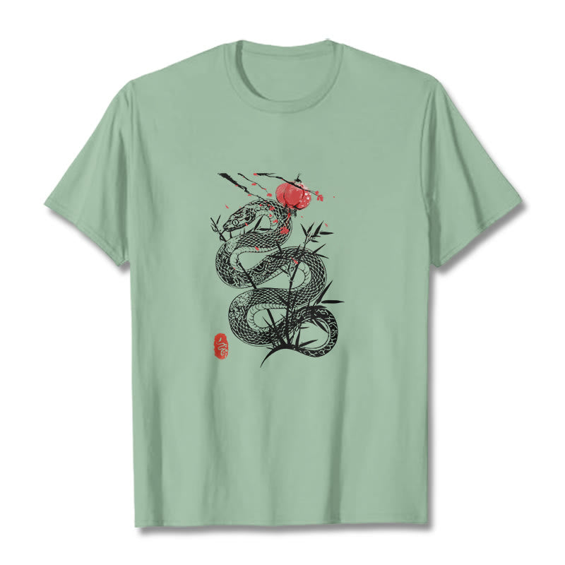 Buddha Stones Lantern Bamboo Leaves Snake Design Cotton Tee T-shirt - PaleGreen - 2XL - image 14