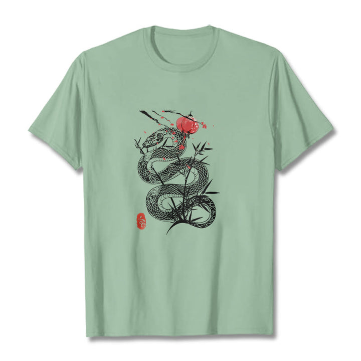 Buddha Stones Lantern Bamboo Leaves Snake Design Cotton Tee T-shirt - PaleGreen - 2XL - image 14