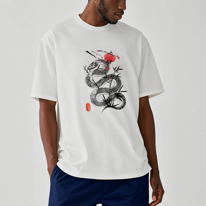 Buddha Stones Lantern Bamboo Leaves Snake Design Cotton Tee T-shirt - White - 2XL - image 7