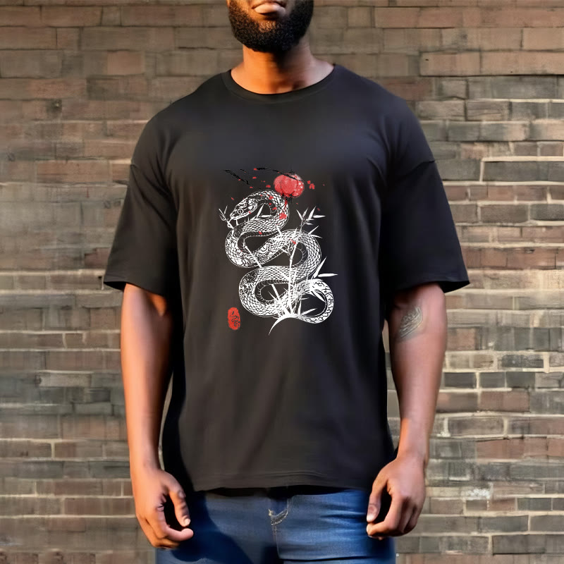 Buddha Stones Lantern Bamboo Leaves Snake Design Cotton Tee T-shirt - image 1