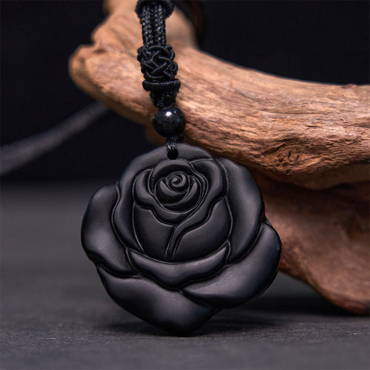 Buddha Stones Black Obsidian String Black Rose Purification Necklace Pendant - Black Obsidian Black Rose - image 0