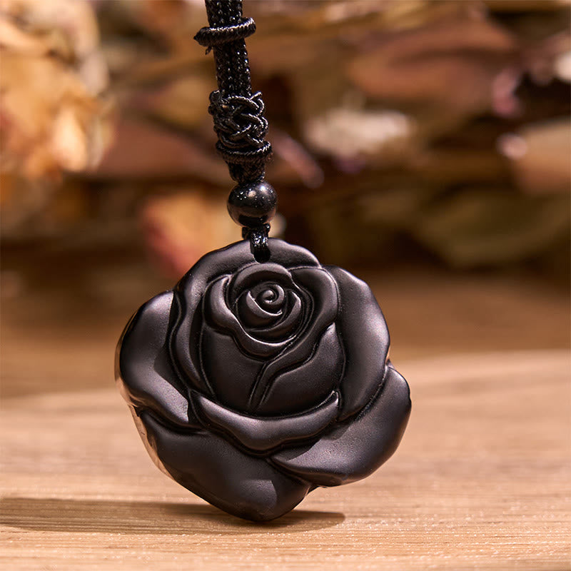 Buddha Stones Black Obsidian String Black Rose Purification Necklace Pendant - image 1