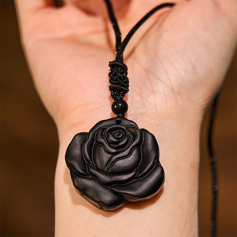 Buddha Stones Black Obsidian String Black Rose Purification Necklace Pendant - image 4