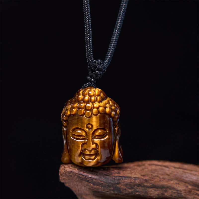Buddha Stones Tiger Eye String Buddha Head Courage Necklace Pendant - image 1