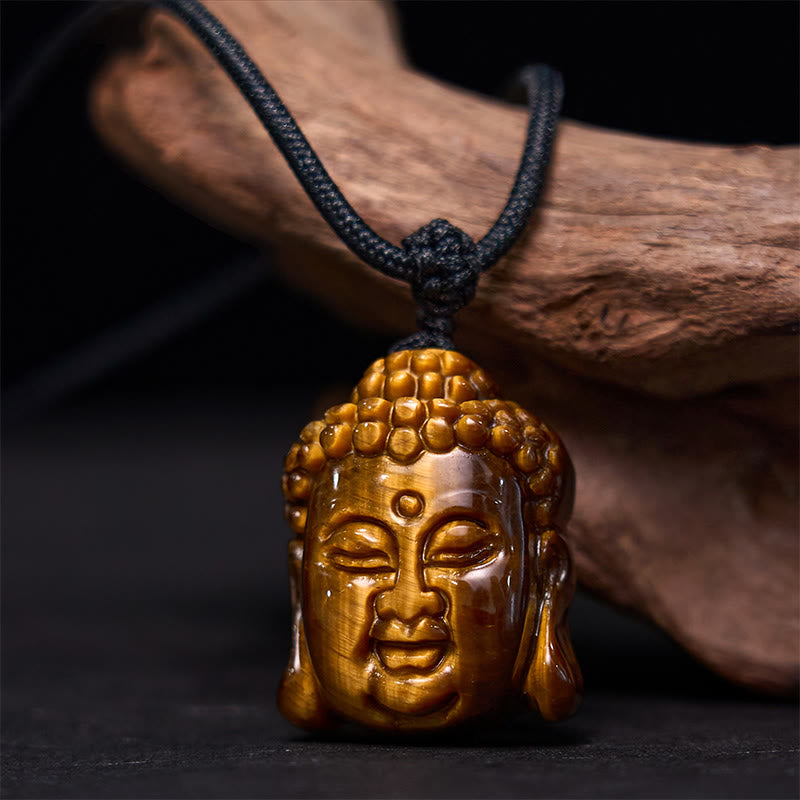Buddha Stones Tiger Eye String Buddha Head Courage Necklace Pendant - Tiger Eye Black String - image 0