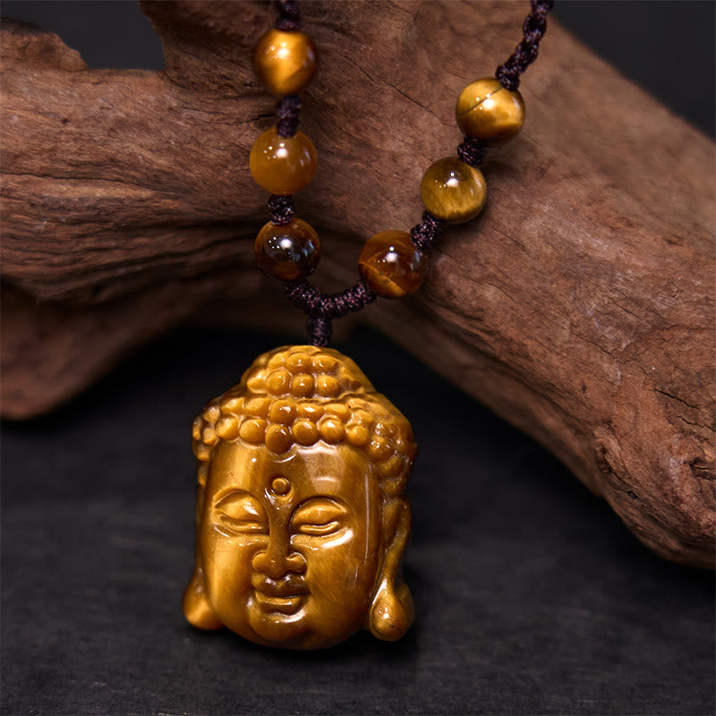 Buddha Stones Tiger Eye String Buddha Head Courage Necklace Pendant - Tiger Eye Four Stranded Brown String - image 9
