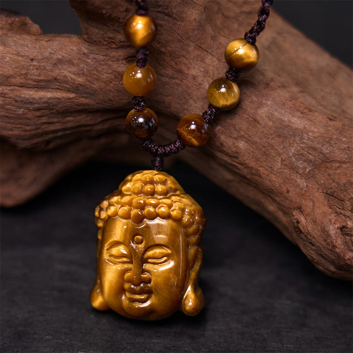Buddha Stones Tiger Eye String Buddha Head Courage Necklace Pendant - Tiger Eye Four Stranded Brown String - image 9