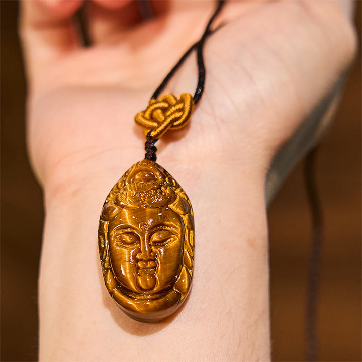 Buddha Stones Tiger Eye Kwan Yin Avalokitesvara Head String Strength Necklace Pendant - image 4
