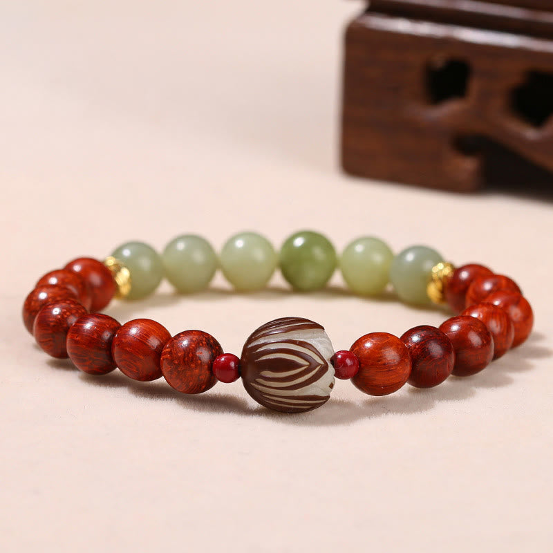 Buddha Stones Natural Rosewood Cyan Jade Bodhi Seed Lotus Warmth Calm Bracelet - Rosewood Cyan Jade(Wrist Circumference: 14-16cm) - image 0